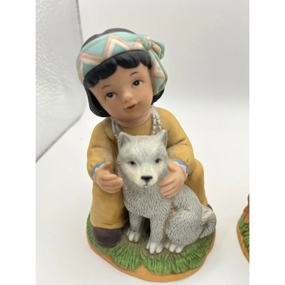 Vintage Homco 1428 Native American Children Figurines Boy Wolf Girl Lamb Set 2